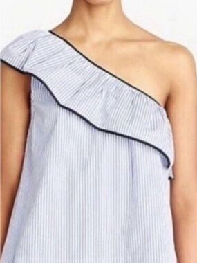 J. Crew Blue and White One-Shoulder Ruffle Tank